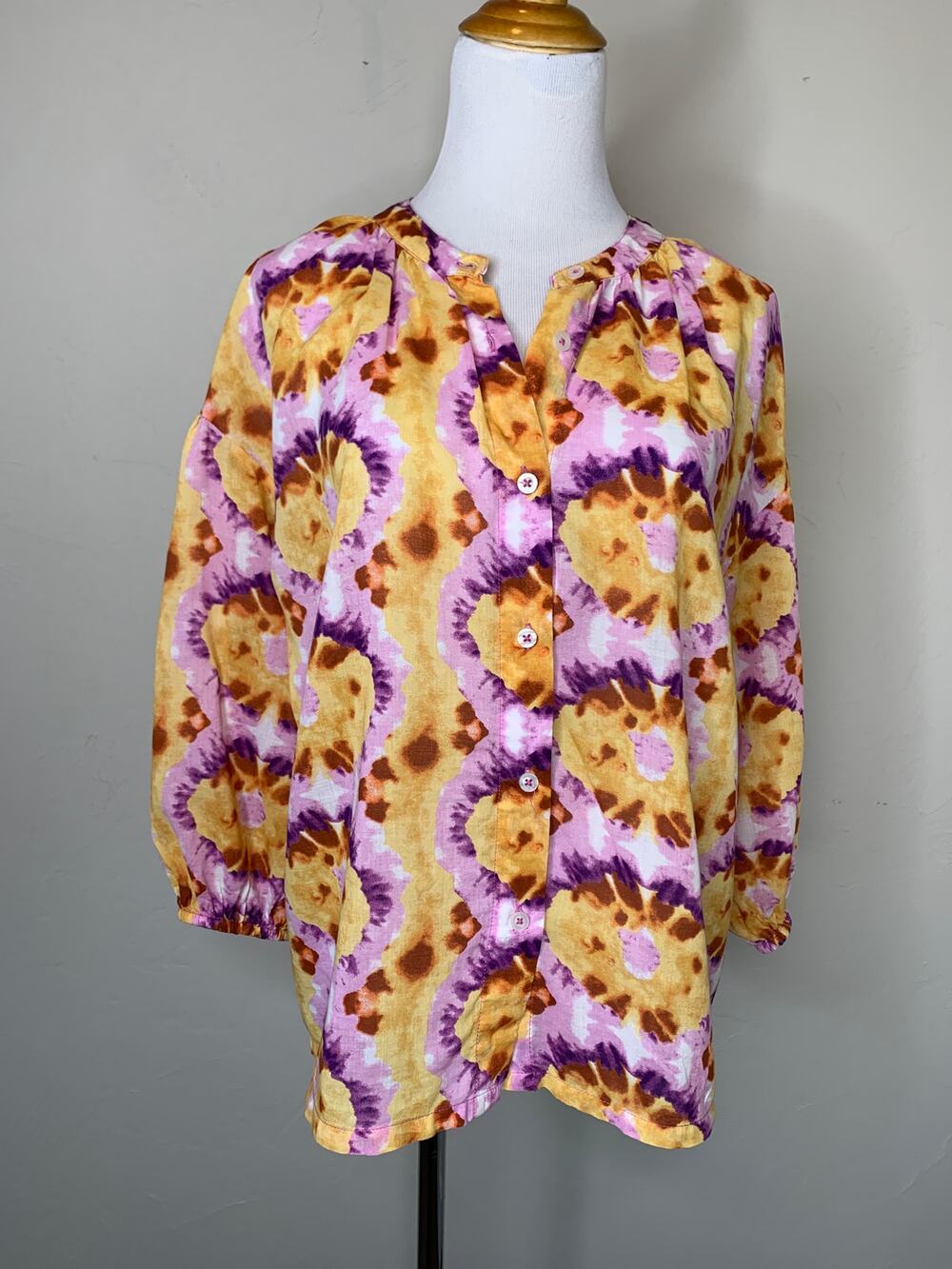 Elie Tahari Abstract Watercolir Blouse Gold Purple Sz Medium